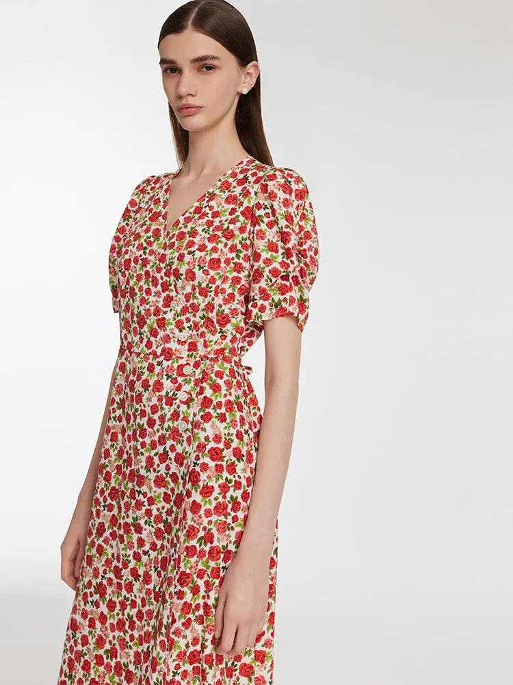 Robe midi nouée à col en V et imprimé rose pour femmes